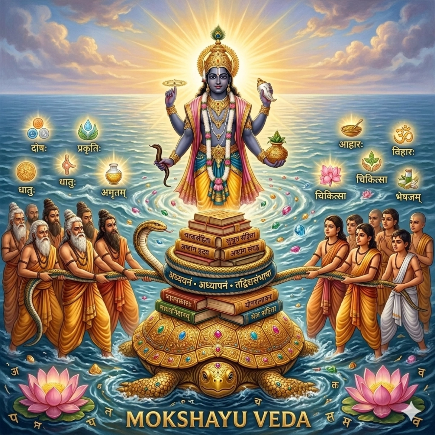 Artwork depicting Dhanvantari, the deity associated with Ayurveda and healing, rising from the ocean during the churning of Samudra Manthan, surrounded by classical Ayurvedic texts and principles